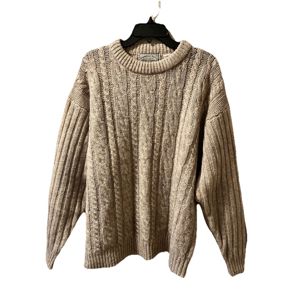 Vintage‎ American Eagle Sweater XL Shetland Wool Fisherman Cable Beige Hong Kong